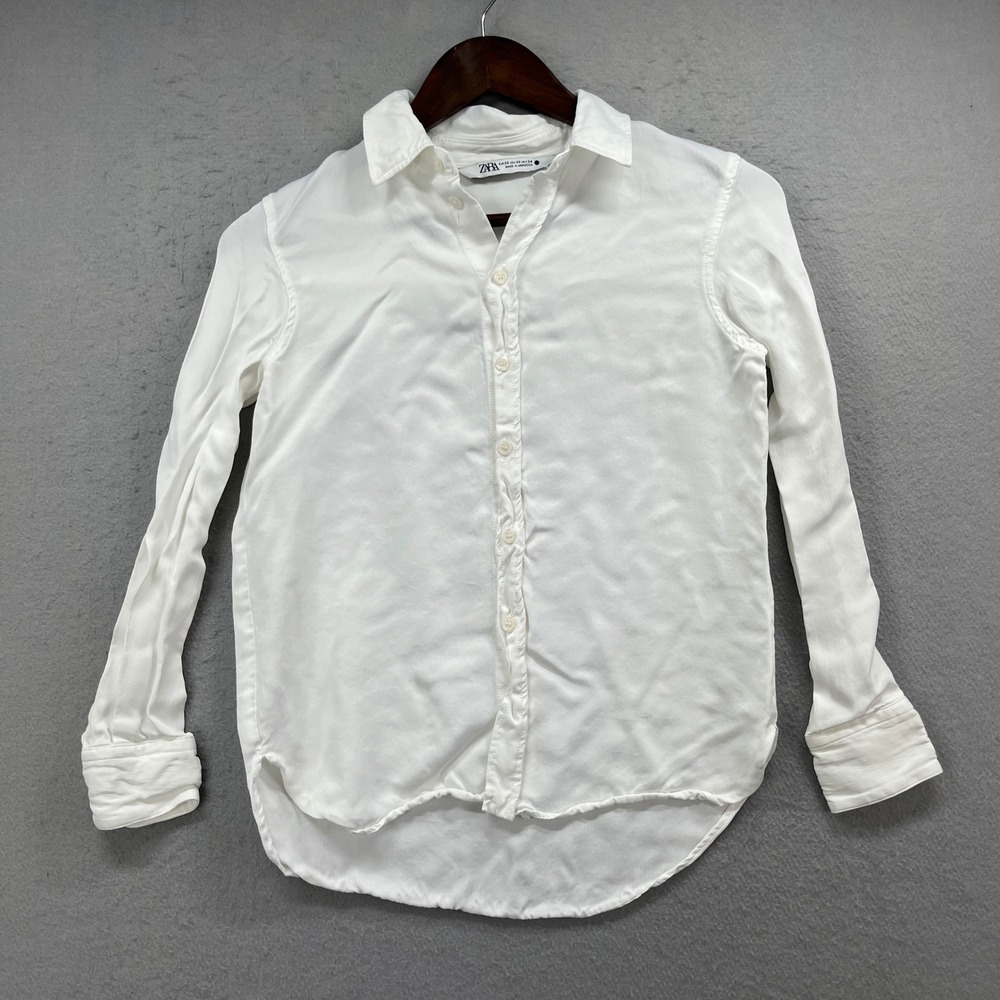 Zara Button Up Shirt Womens XS White Long Sleeve High Low Minimalist Workwear